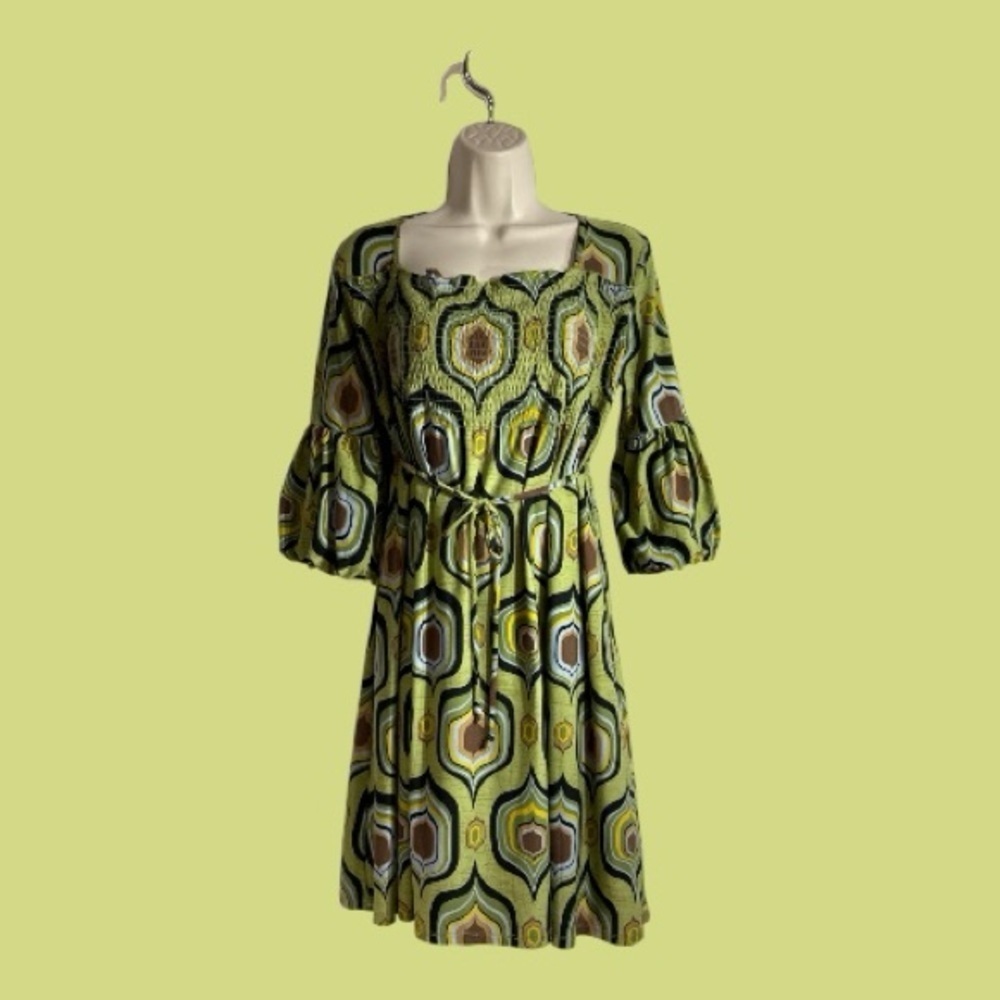 Disorderly Kids Retro Multi Color Geo Pattern Mini Dress 3/4 Puff Sleeves, 16